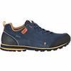 Blauer Wanderschuh mit schwarzer Sohle und orangen Details