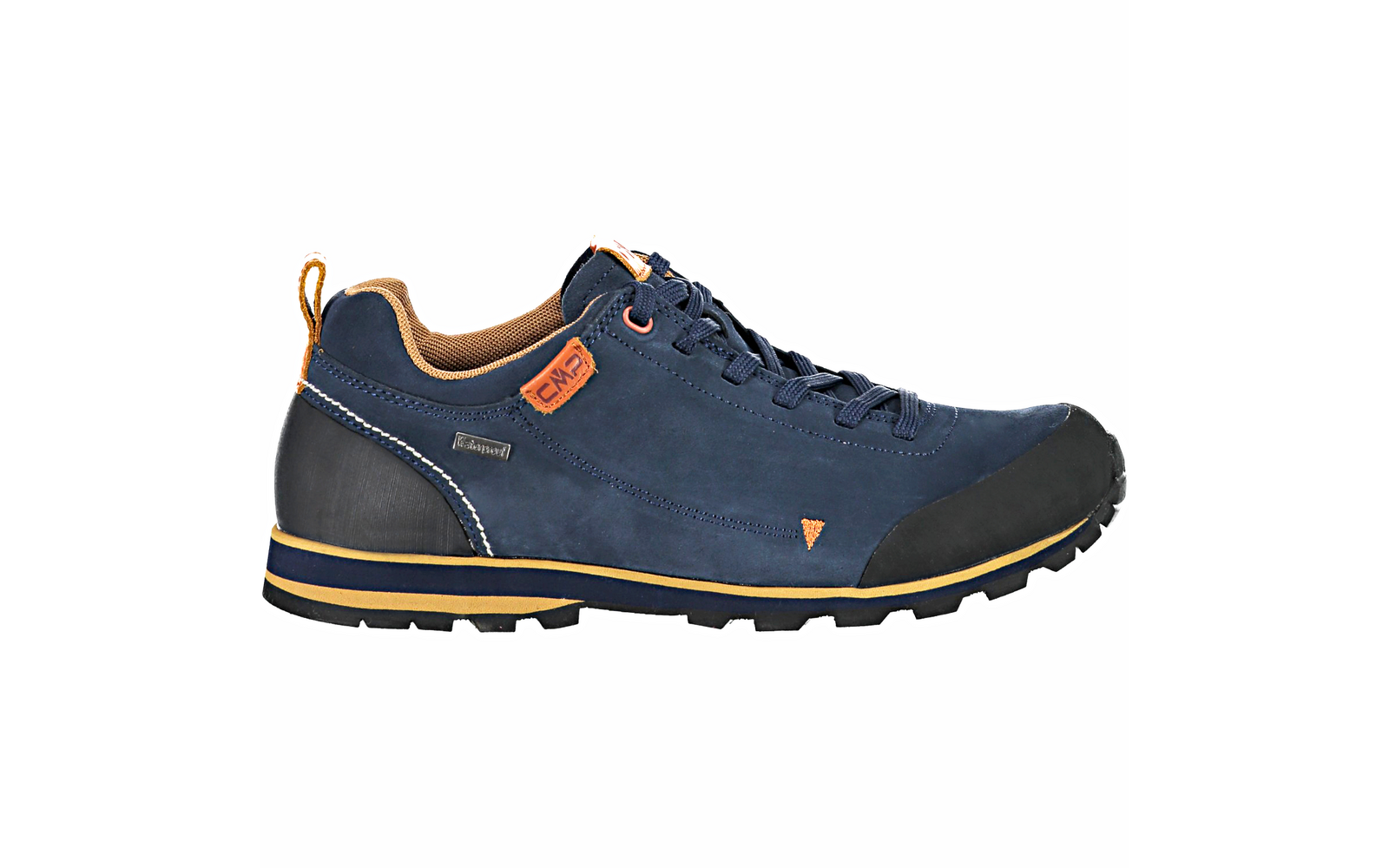 Blauer Wanderschuh mit schwarzer Sohle und orangen Details