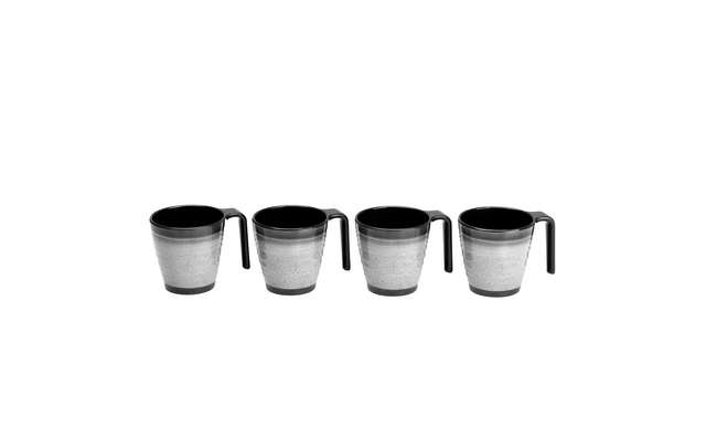 Four metal mugs with black handles side by side