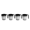 Four metal mugs with black handles side by side