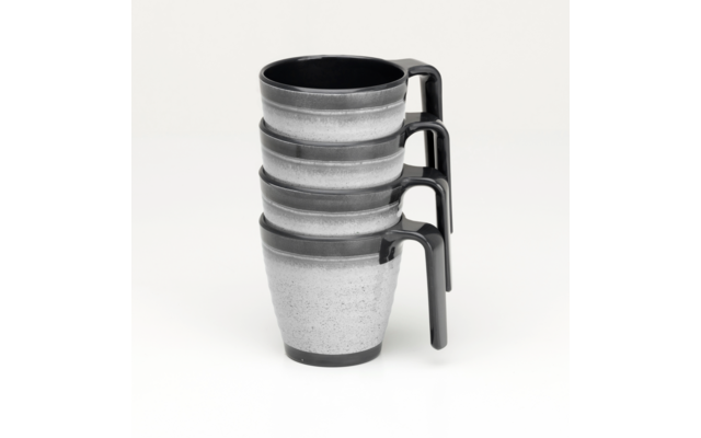 Four stacked gray coffee mugs with black handles