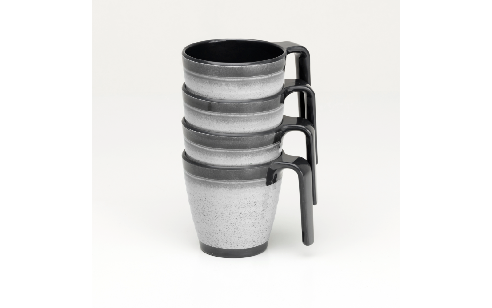 Four stacked gray coffee mugs with black handles