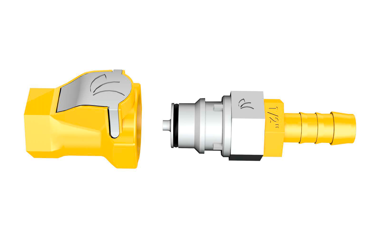Gelbes Steckverbinder-Teil und Metallanschluss getrennt auf weißem Hintergrund