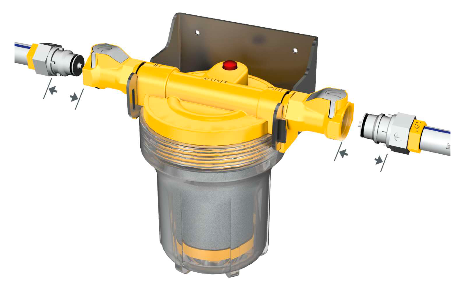 Gelber Wasserfilter mit Metallgehäuse, montiert an einer Wandhalterung, mit zwei angeschlossenen Rohren