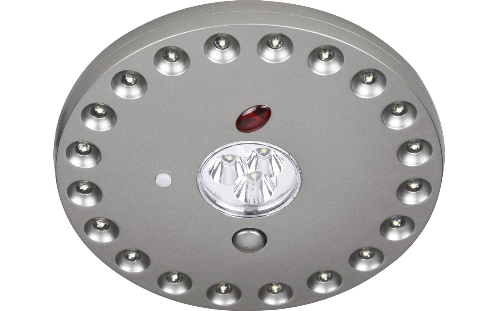 Runde Duschkopf mit mehreren kleinen Düsen ringsum und einer größeren Düse in der Mitte