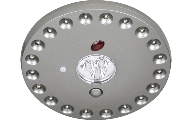 Runde Duschkopf mit mehreren kleinen Düsen ringsum und einer größeren Düse in der Mitte