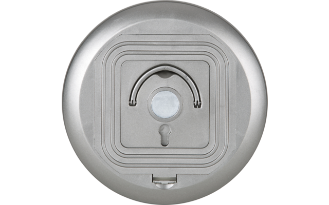 Runde silberne Vorrichtung mit einem Sensor und einem Lichtindikator in der Mitte