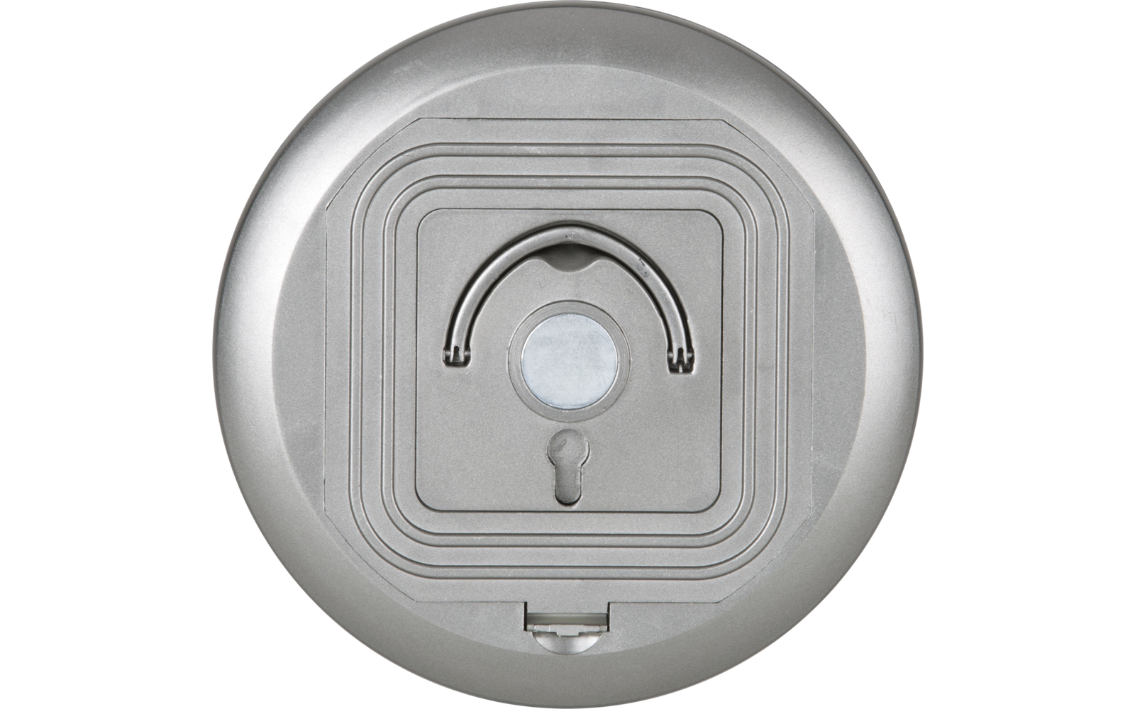 Runde silberne Vorrichtung mit einem Sensor und einem Lichtindikator in der Mitte