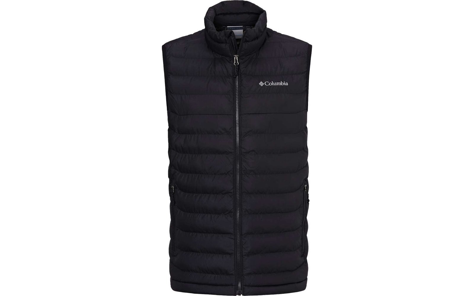 Schwarze, gesteppte Outdoor-Weste mit durchgehendem Reißverschluss und Stehkragen