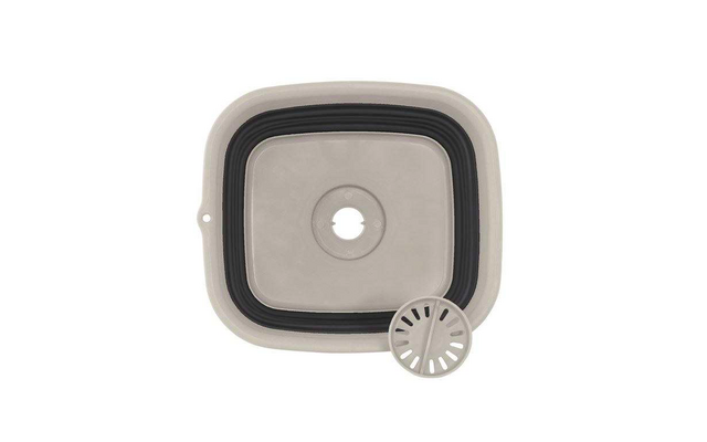 Quadratisches, graues Küchenspülbecken mit Abflussdeckel