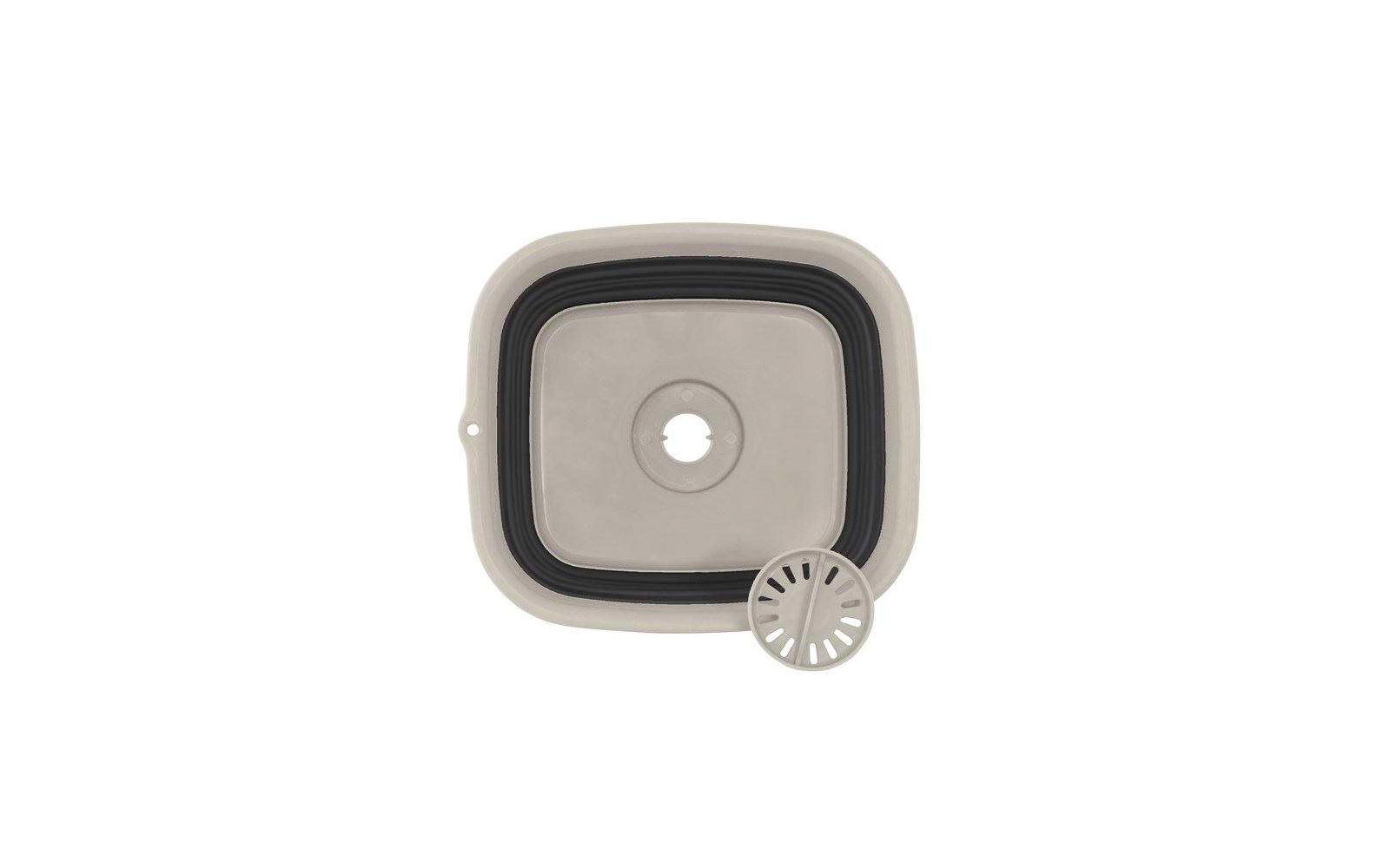 Quadratisches, graues Küchenspülbecken mit Abflussdeckel