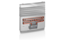 Elektronisches Heizgerät mit sichtbaren Heizelementen in einem grauen Gehäuse