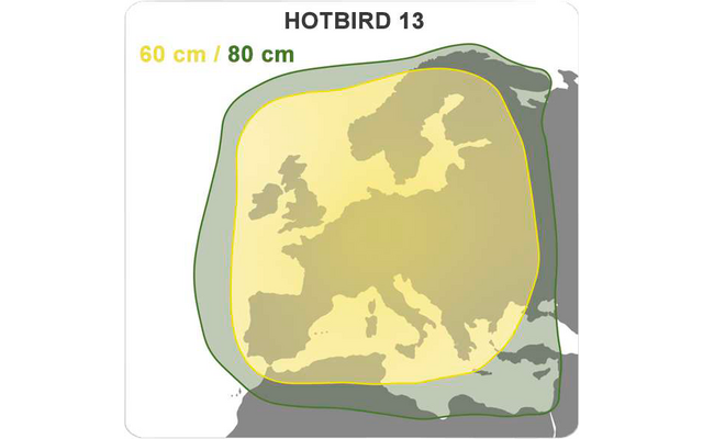 Grafik zeigt eine Karte mit gekennzeichneten Bereichen und der Beschriftung HOTBIRD 13, darunter Maße 60 cm x 80 cm