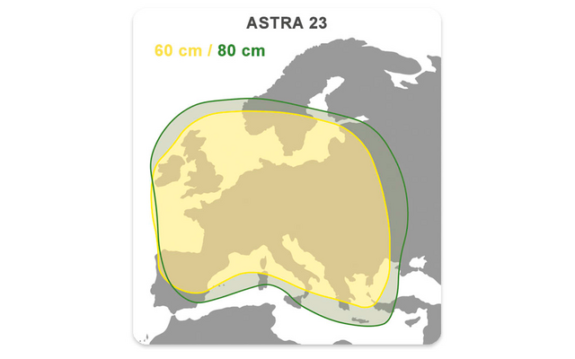 Karte zeigt die Abdeckung des Satellitensignals von Astra 23 mit einem Schwerpunkt auf Europa