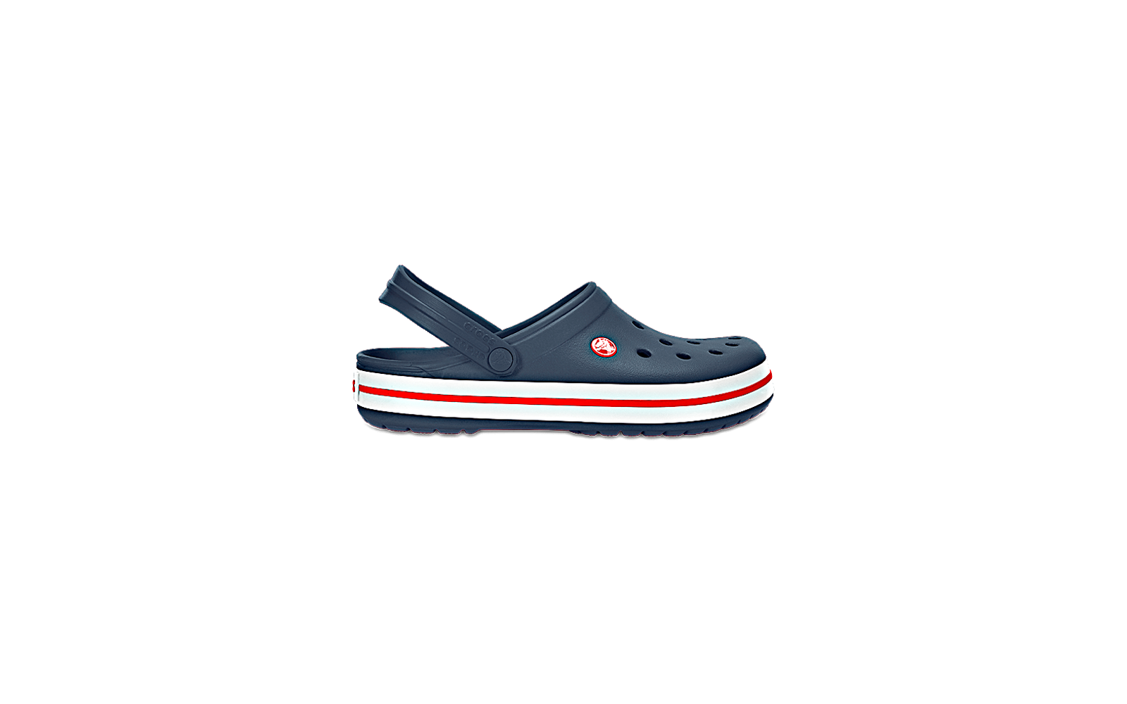 Blauer Crocs-Schuh mit weißen und roten Streifen am Rand