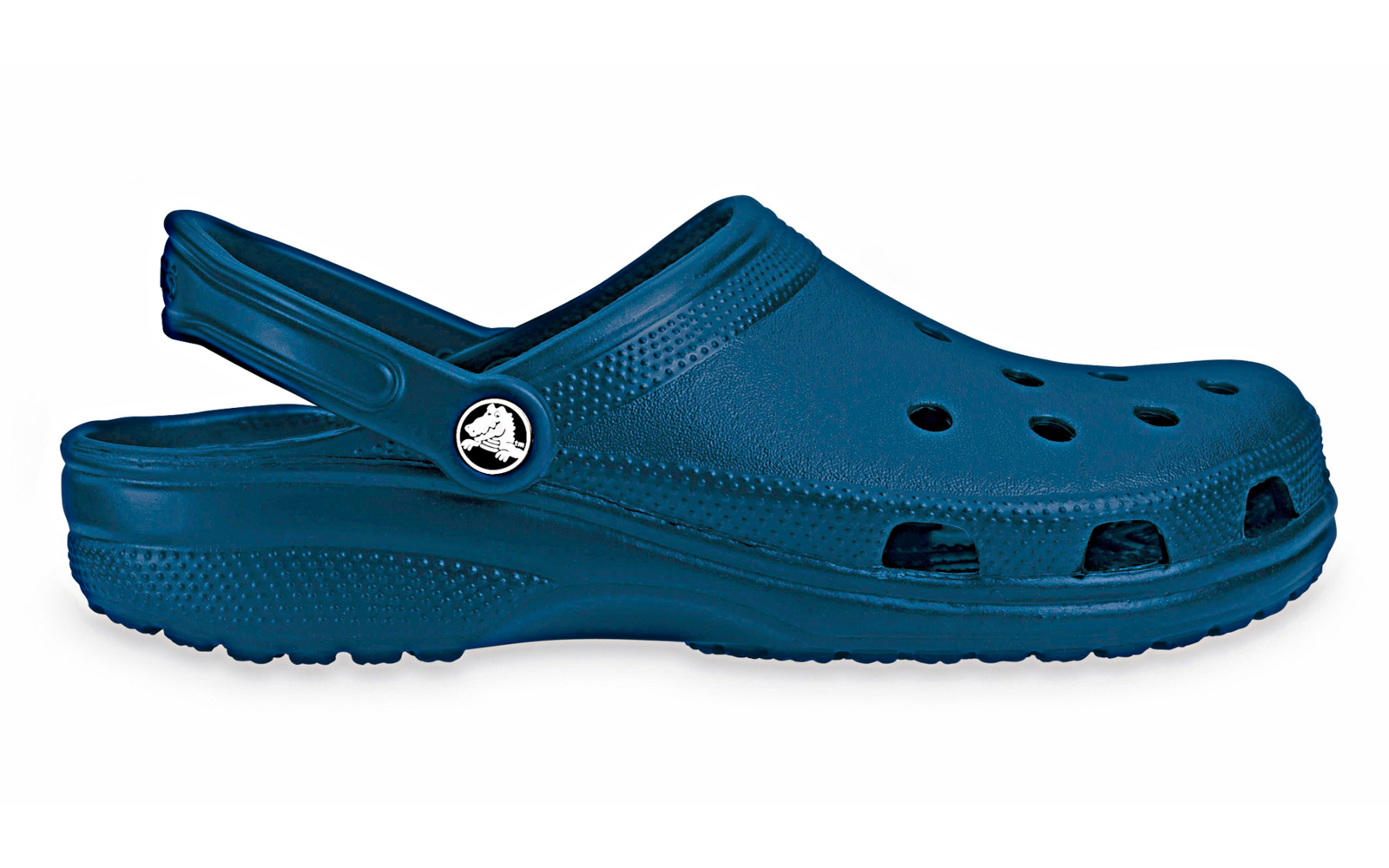 Blauer Clog mit Belüftungslöchern und verstellbarem Riemen