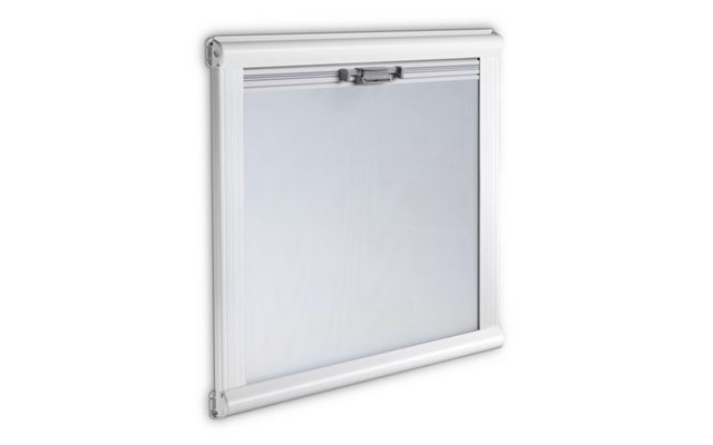 Ein weißer Bilderrahmen mit Glas und Rückwand, stehend auf einer weißen Fläche