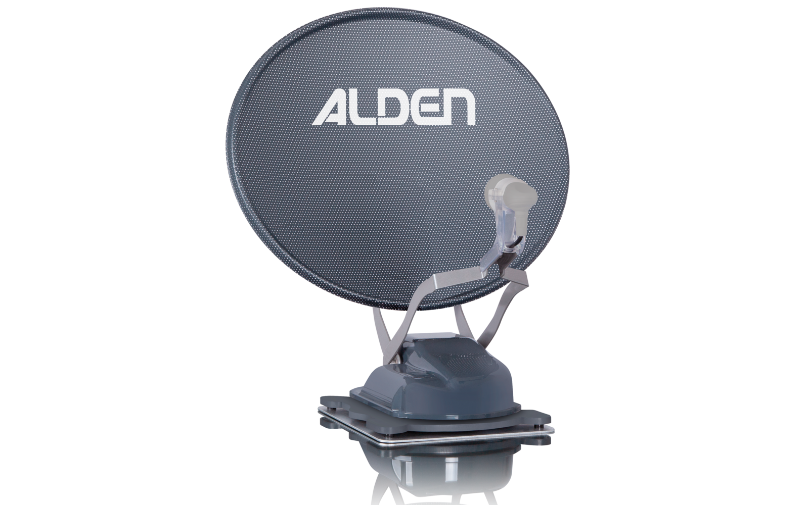 Gray satellite dish with the word ALDEN