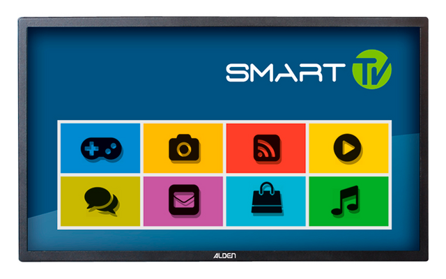 Television with smart TV menu and icons for games, camera, RSS, video, chat, email, shopping, and music