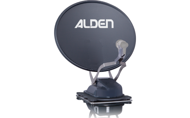 Gray satellite dish with the word Alden on the stand