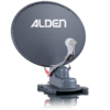 Gray satellite dish with the word ALDEN on a white background
