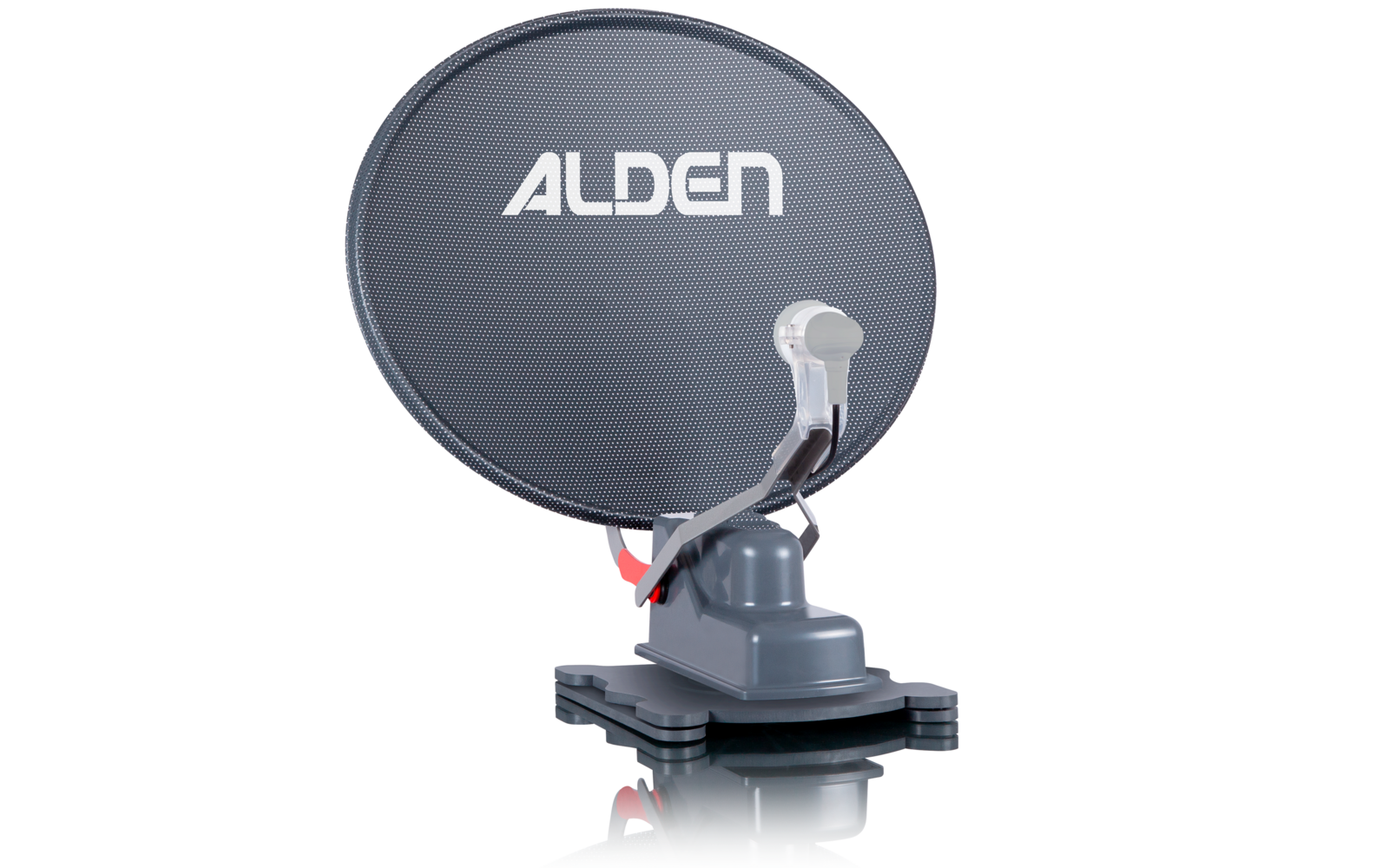 Gray satellite dish with the word ALDEN on a white background