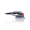 Gray handheld vacuum cleaner with red accents on white background