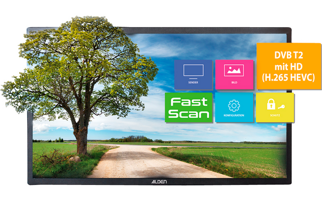Television displaying landscape with tree, road, and blue sky