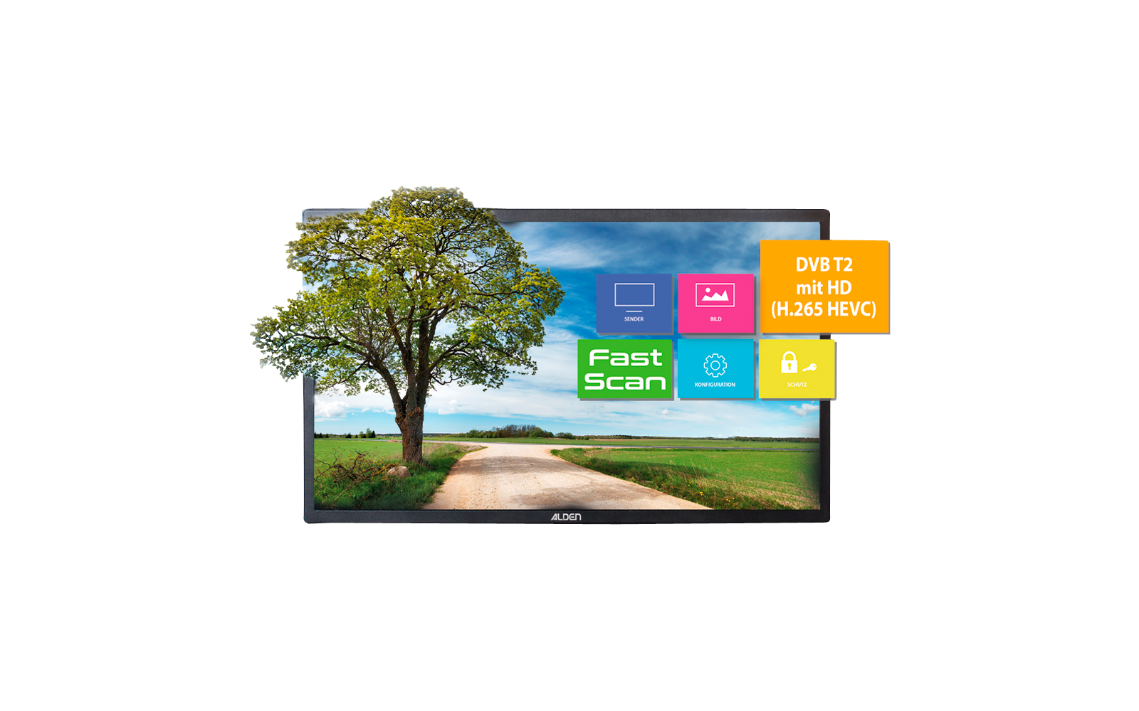 A large tree next to a dirt path under a blue sky with some clouds, displayed on a television