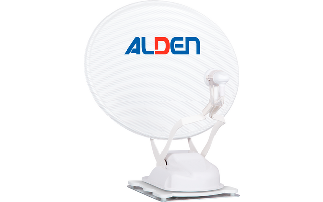 White satellite dish with blue and red ALDEN logo on white background