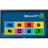 Television with smart TV interface showing colorful icons for games, camera, news, video, chat, email, shopping, and music