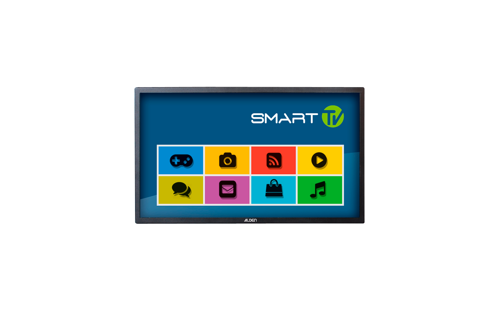 Television with smart TV interface showing colorful icons for games, camera, news, video, chat, email, shopping, and music