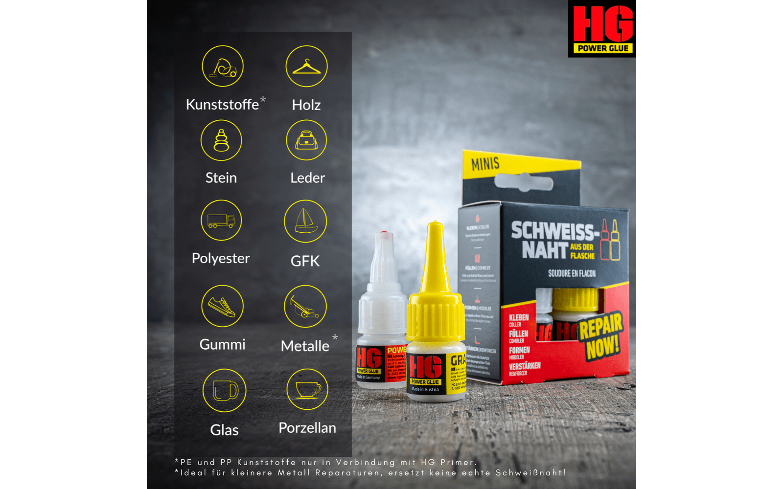 Produktbild mit einer Flasche Klebstoff neben der Verpackung, im Hintergrund Symbole verschiedener Materialien