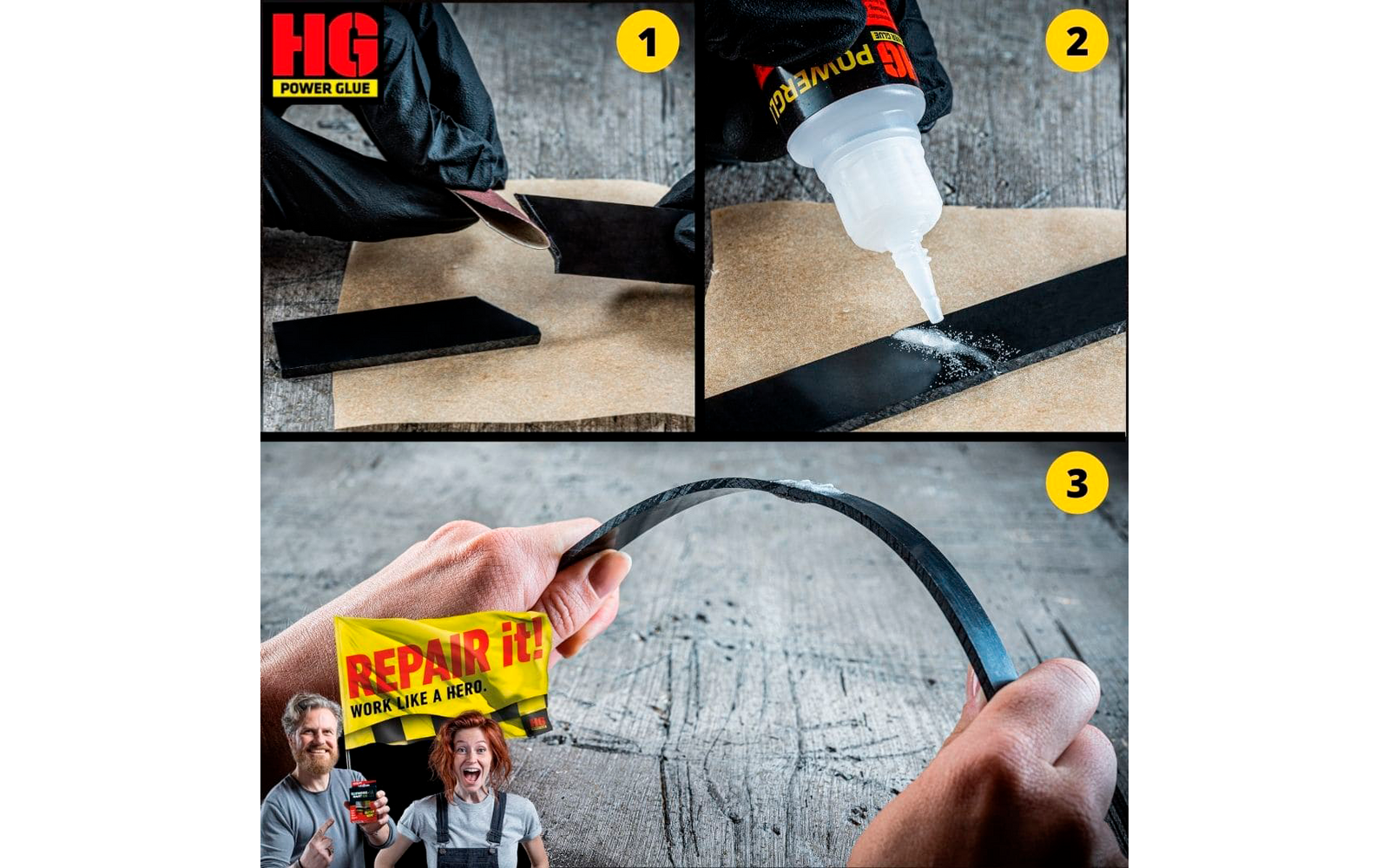 Drei Bilder zeigen Reparaturarbeiten: 1. Person trägt schwarze Kleidung und hält ein braunes Stück Leder. 2. Klebstoffflasche wird auf eine Naht aufgetragen. 3. Nahaufnahme von Händen, die ein Loch in einem Gummi- oder Lederteil mit einer Reparaturpa