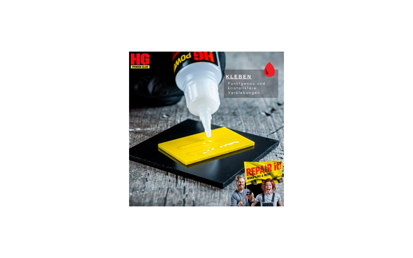 Hand hält eine Flasche mit Flüssigkleber über einem gelben Smartphone mit Rissen auf dem Bildschirm, im Hintergrund zwei schwarze Behälter