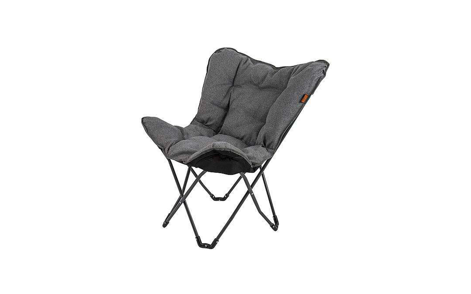 Gray folding chair with metal frame on white background