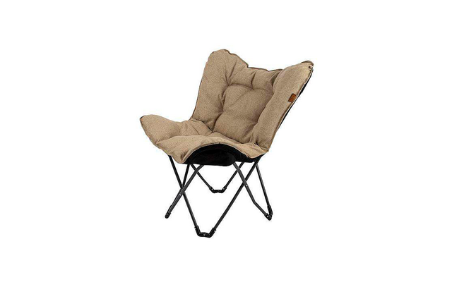 Beige padded folding chair with black metal frame