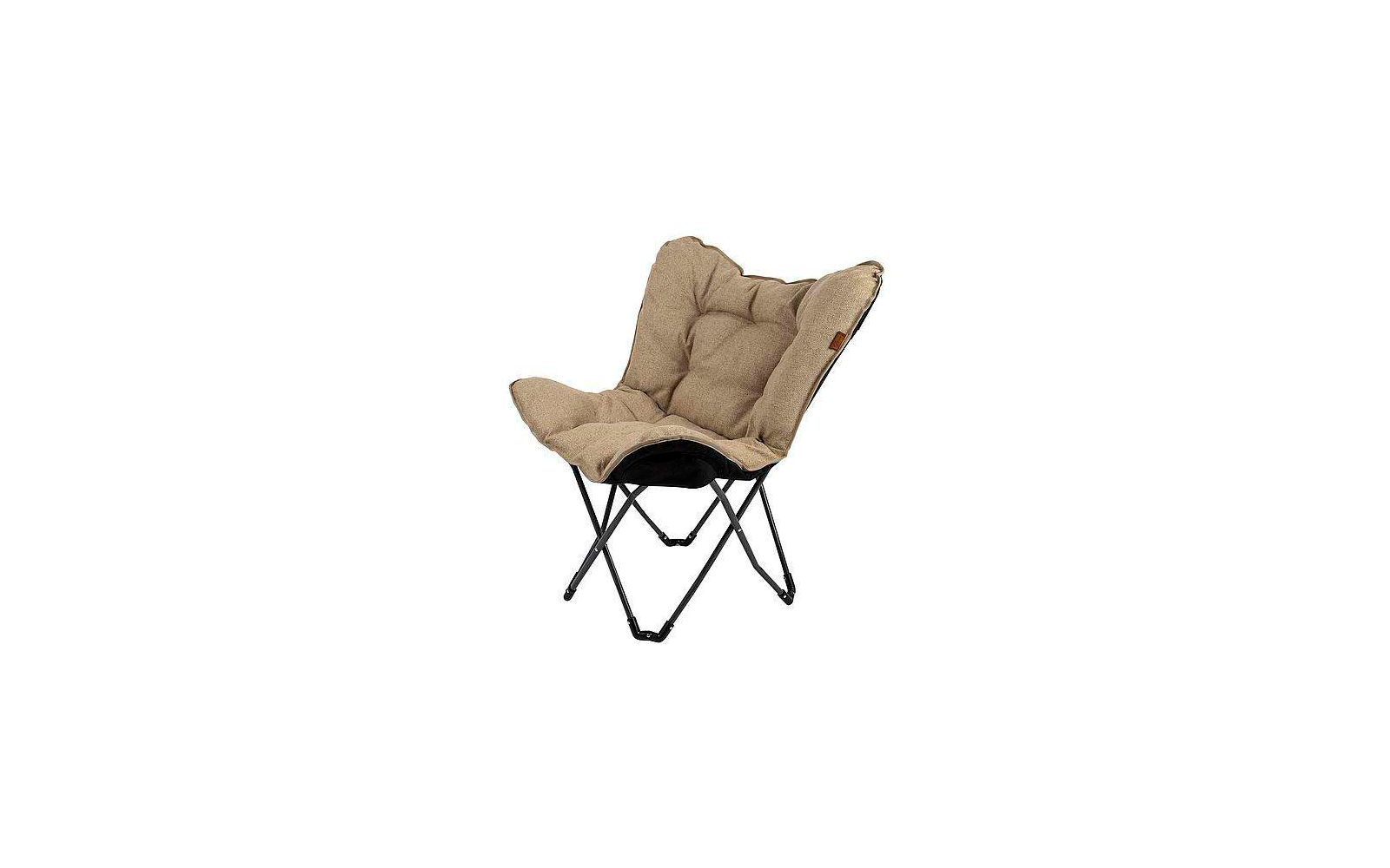 Beige padded folding chair with black metal frame