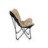Foldable chair with black metal frame and beige cushion