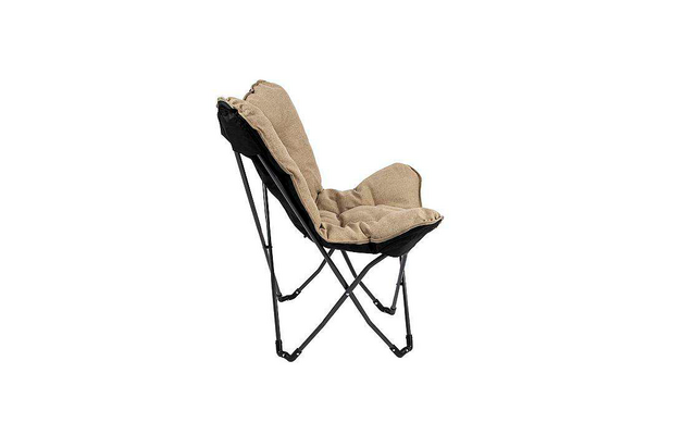 Foldable chair with black metal frame and beige cushion