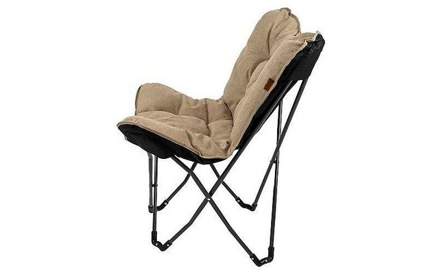 Beige padded folding chair with black metal frame