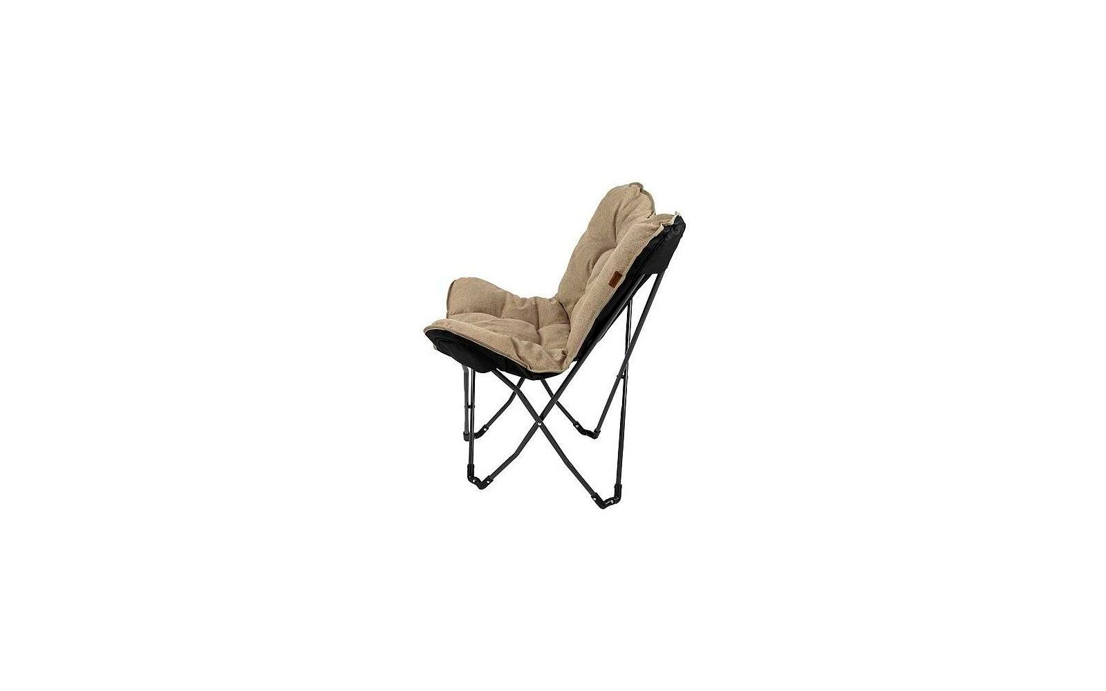 Beige padded folding chair with black metal frame
