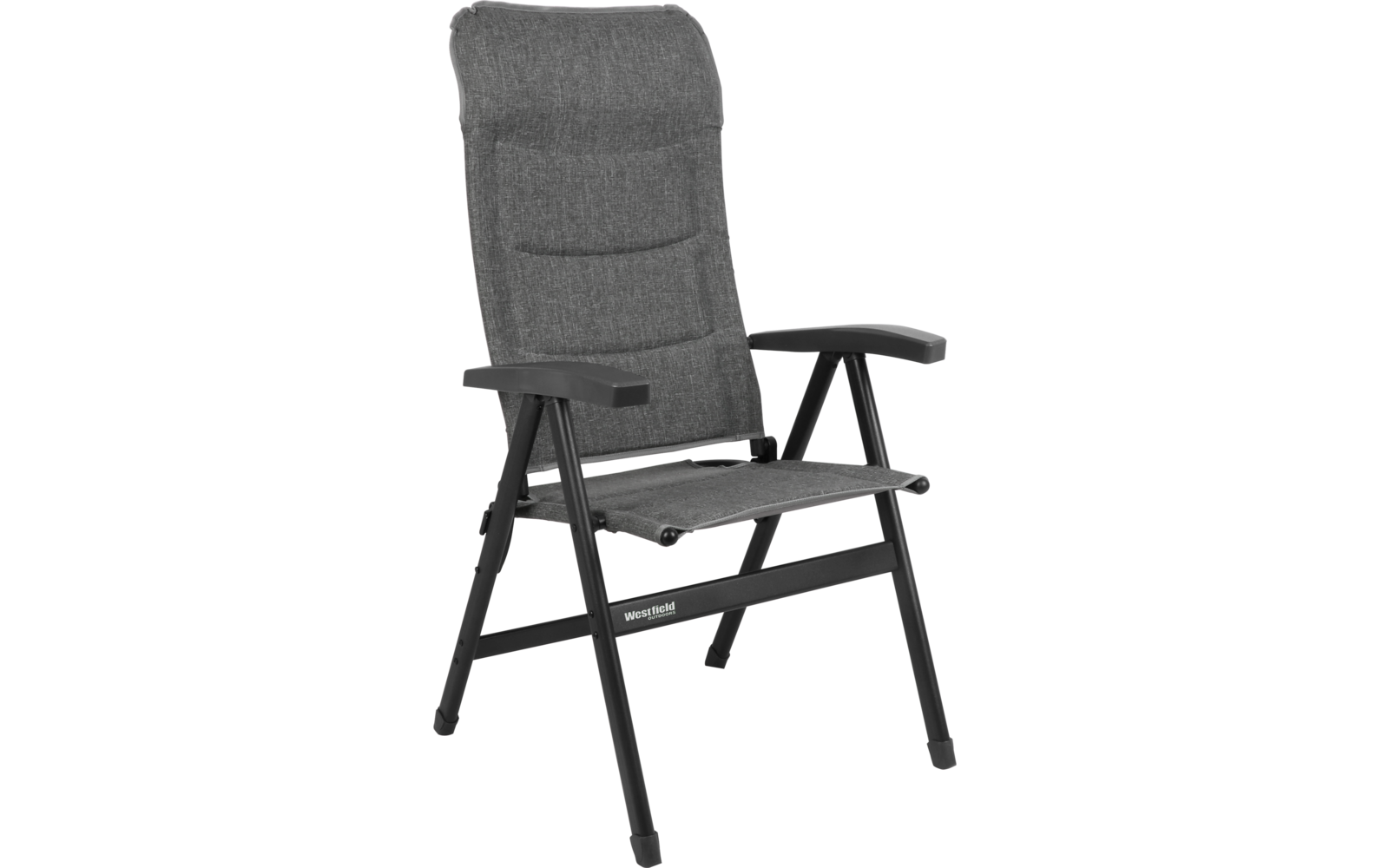 Gray padded chair with armrests and metal frame