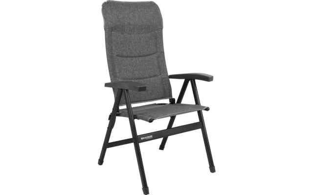 Gray padded chair with armrests and metal frame