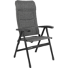 Gray padded chair with armrests and metal frame