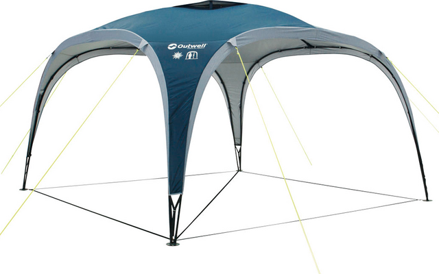 Blauer und grauer Pavillon mit vier Bögen, auf weißem Hintergrund