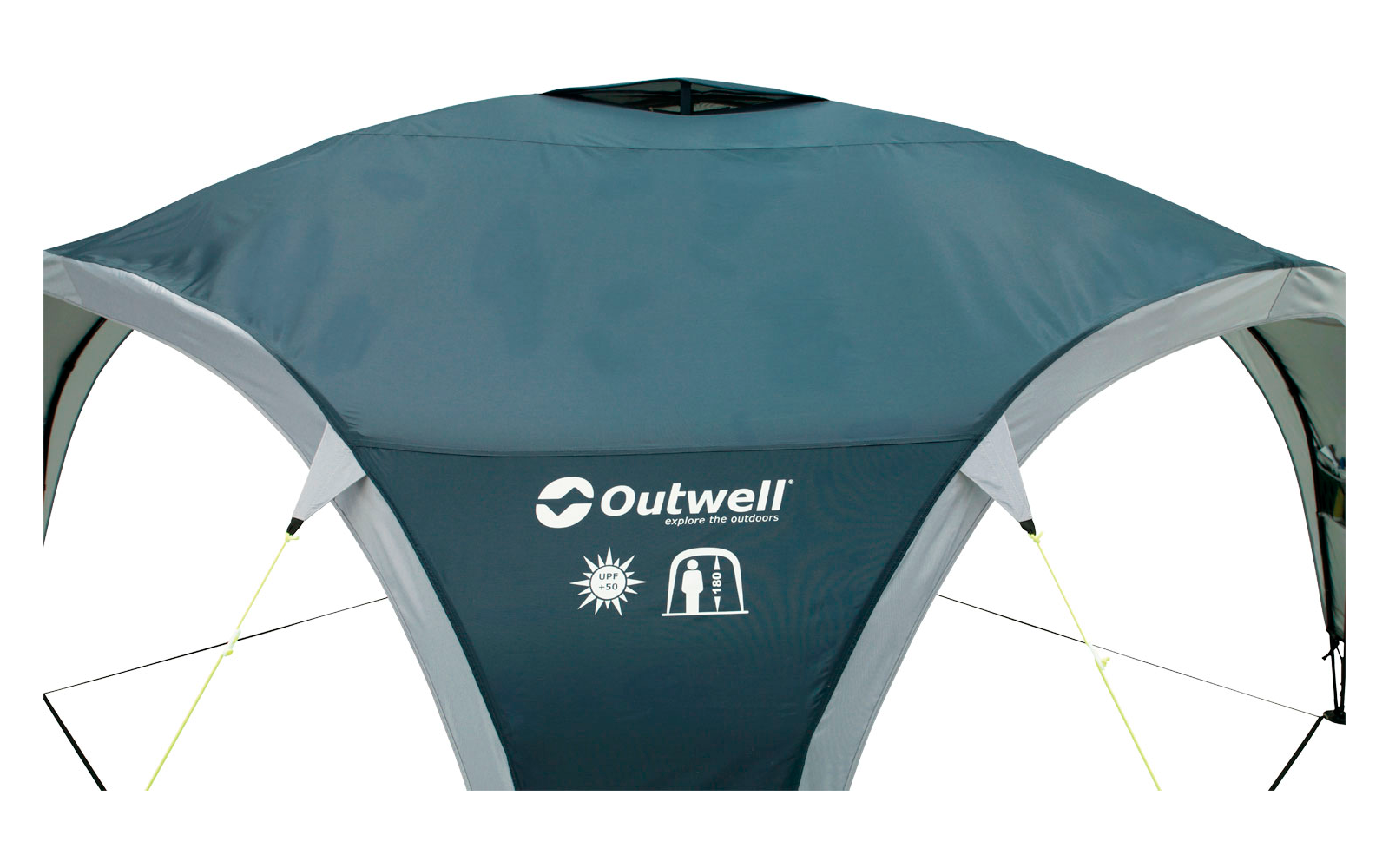 Blauer Zeltboden mit dem Logo 'Outwell' und Symbolen, die Sonne und Zelt darstellen