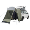 Wohnmobil mit angebrachtem Vorzelt aus grünem und grauem Stoff, offen an der Vorderseite