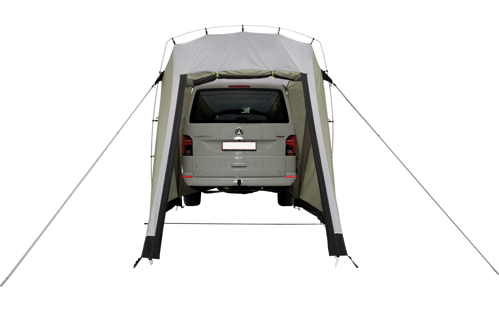 Ein grauer Van steht in einem weißen, zeltähnlichen Schutz mit vier gespannten Seilen
