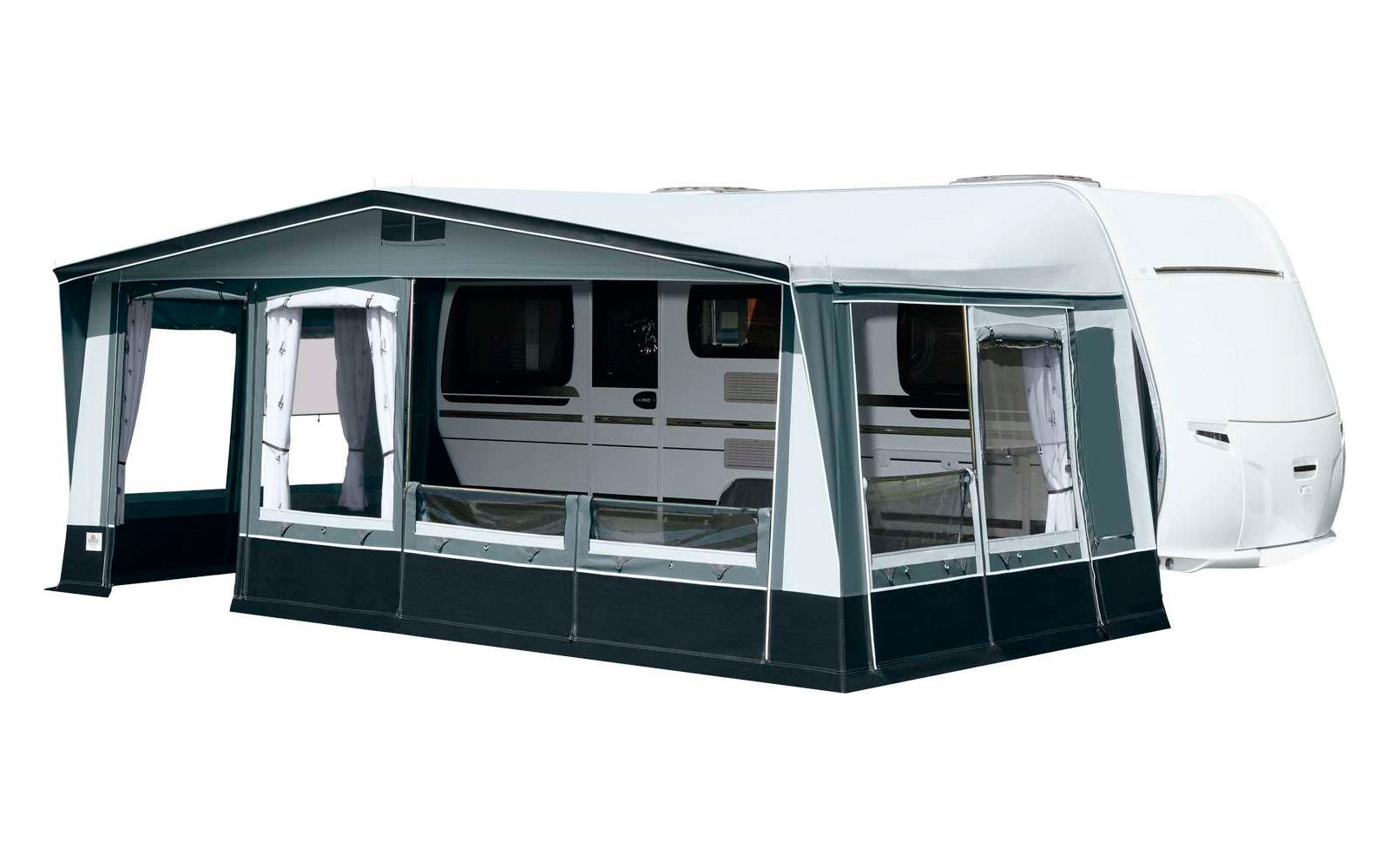 Wohnwagen mit angebautem grauem Vorzelt
